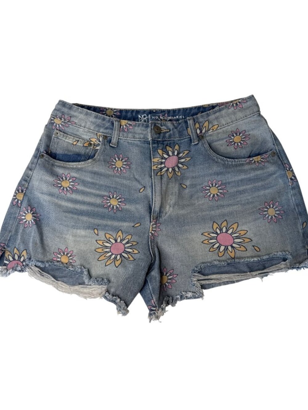 No Boundaries Boho Chic Sunflower Denim Shorts With Playful Frayed Edges Size 13